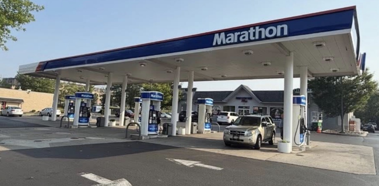Marathon station canopy viewed from the fuel island