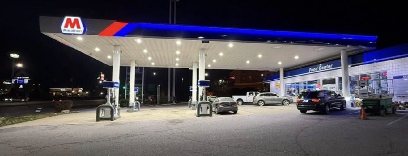 Marathon gas station illuminated at night