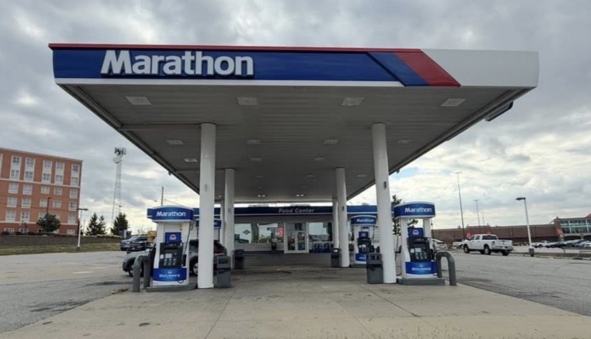Front view of a Marathon gas station canopy