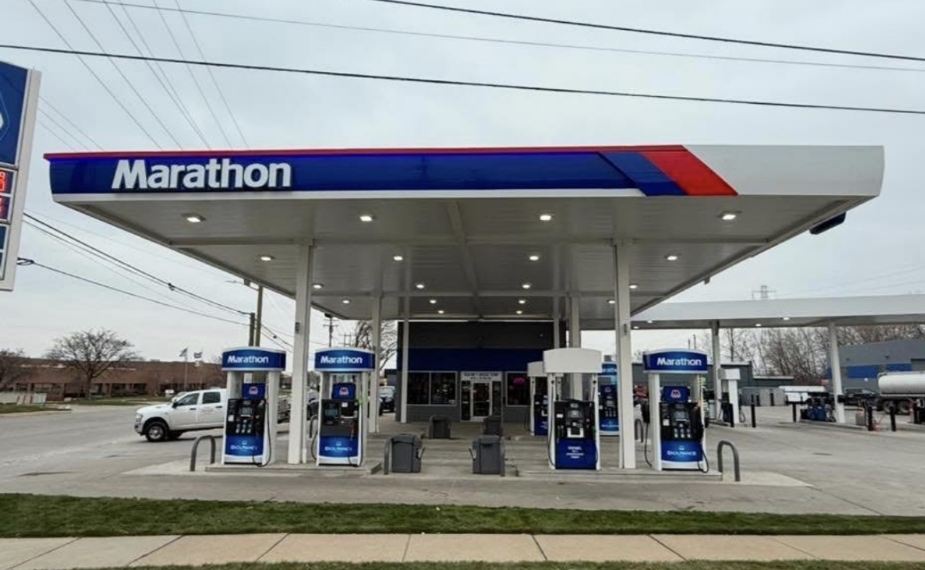 Wide view of completed Marathon gas station